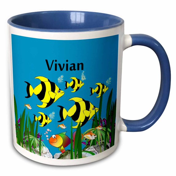 3drose, Colourful Tropical Plants and Fish Design Personalized with a Female Name Vivian, 11oz Two-tone Blue Mug