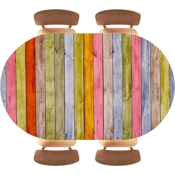 Colourful Wood Texture Background Oval Fitted Tablecloth, Waterproof, with Elastic Edge Design, Home Decoration Table Cover, for Outdoor Picnic PartyFits 48"x68" Oval Tables, Style 3