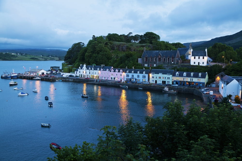 Colourful houses and boat in the harbour at dusk Portree Isle of Skye Scotland Canvas Art - Carl Bruemmer Design Pics (38 x 24)