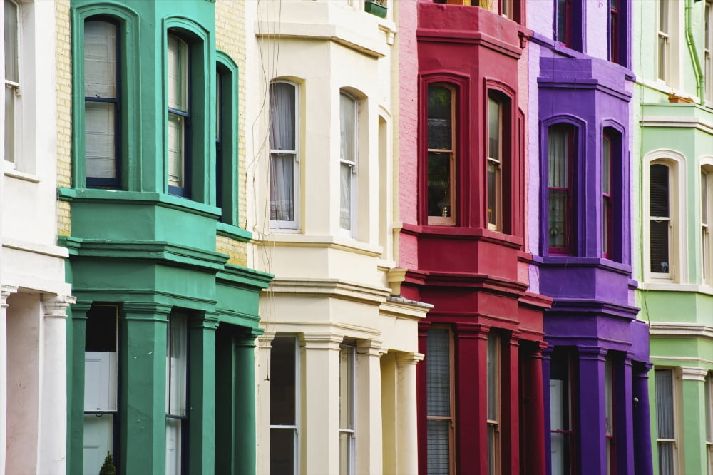 Colourful residential buildings in a row Notting Hill London England Canvas Art - Ingrid Rasmussen Design Pics (38 x 24)