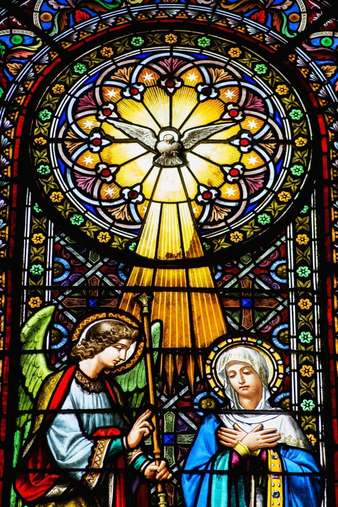 Colourful stained glass windows in the Benedictine Abbey Montserrat Catalonia Spain Canvas Art - Dosfotos Design Pics (12 x 19)