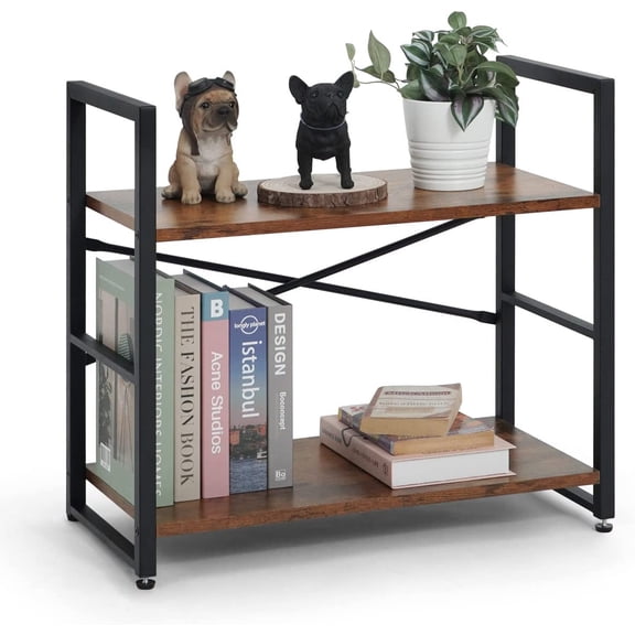 Colourfull 2 Tier Small Bookshelf, 24 Inch Width Free Standing Shelf, Bookcase Shelf Storage Organizer, Industrial Book Shelves for Home Office, Living Room, Rustic Oak Vintage Shelves & Metal Frame