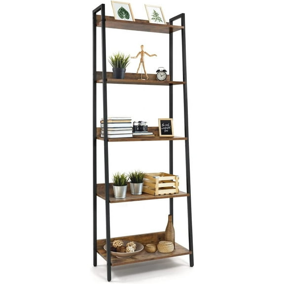 Colourfull 5 Tier Ladder Bookshelf, 24 Inch Width Free Standing Shelf, Bookcase Shelf Storage Rack Organizer, Industrial Book Shelves for Home Office, Living Room, Kitchen, Rustic Oak, Vintage Shelve