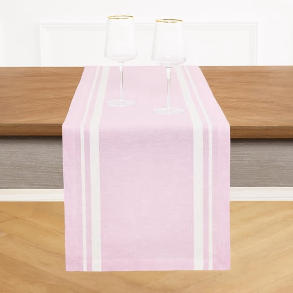 Colourfull Linen Table Runner 120 Inches Long - French Stripe 100% Pure Linen White and Dusty Pink Dining Table Runner 14 x 120 Inch for Spring, Summer - Handcrafted and Machine Washable