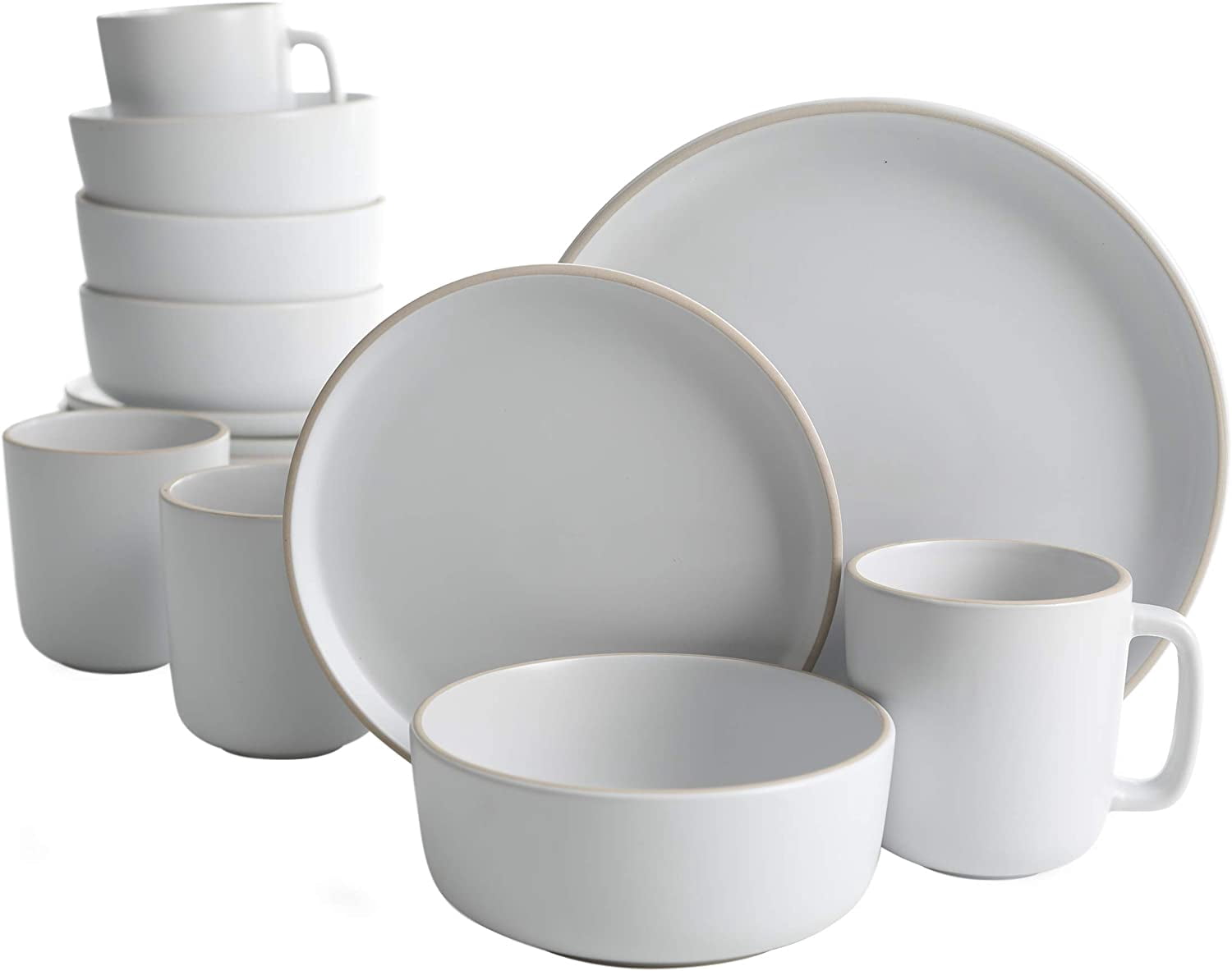 Colourfull Zuma 16 Piece Round Kitchen Dinnerware Set, Dishes, Plates, Bowls, Mugs, Service for 4, Matte Stoneware, White