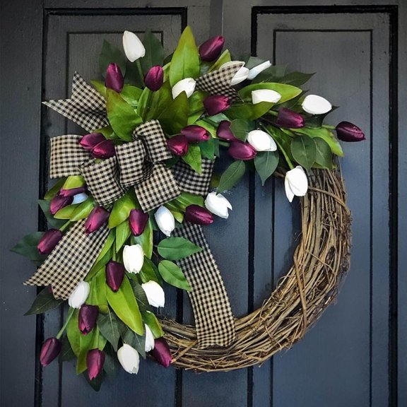 Colourtree 17.7" Artificial Tulip Wreath The gate Daily Wreath is Hung with Natural Rattan Circles Throughout The Year