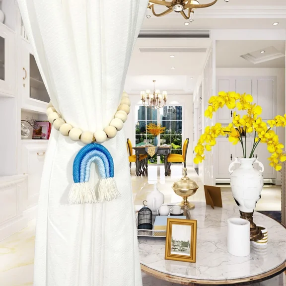 Colourtree 2Pcs Blue Boho Rainbow Wooden Bead Curtain Tiebacks Stylish Holdbacks Set