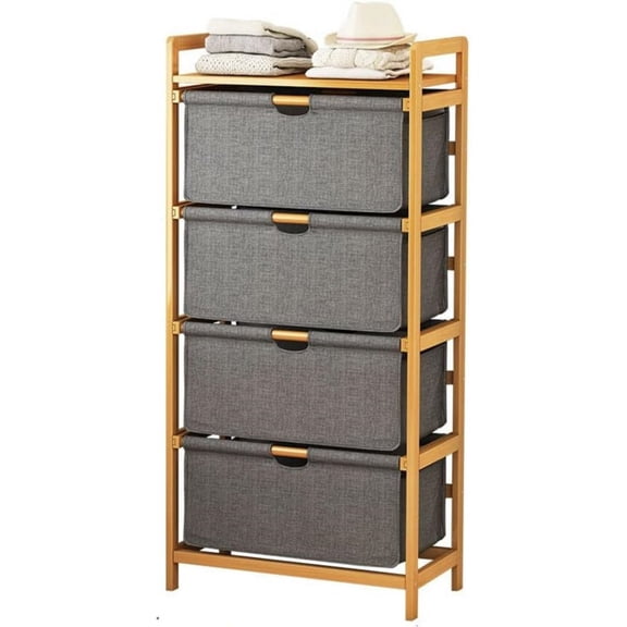 Colourtree 4 Drawers 17.8 Inch Section Freestanding Bamboo Bathroom Organizer with Pull Out Hamper Drawers Wooden Laundry Towel Cabinet Tower Three Part Compartment Sorter Basket
