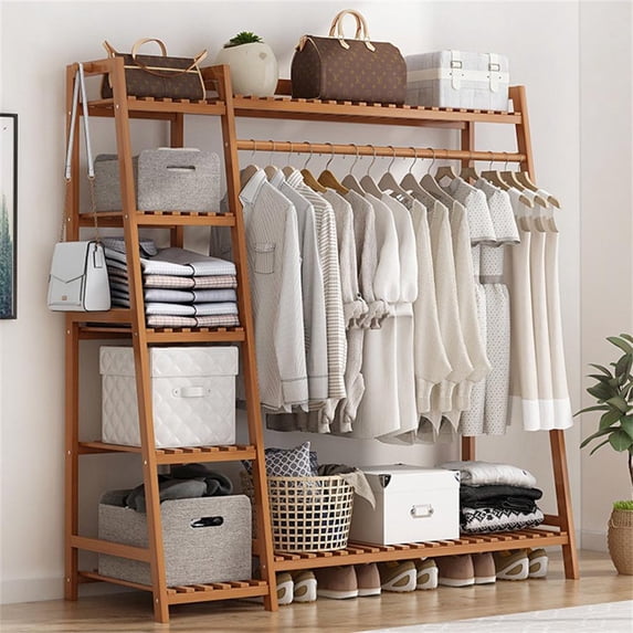 Colourtree 57.1'' H X 16.1'' W X 2.44'' D Bamboo Cloth Rack Heavy Duty Top Shelf Hanging Rod with Side Hook and Shoe Storage Shelf,Brown