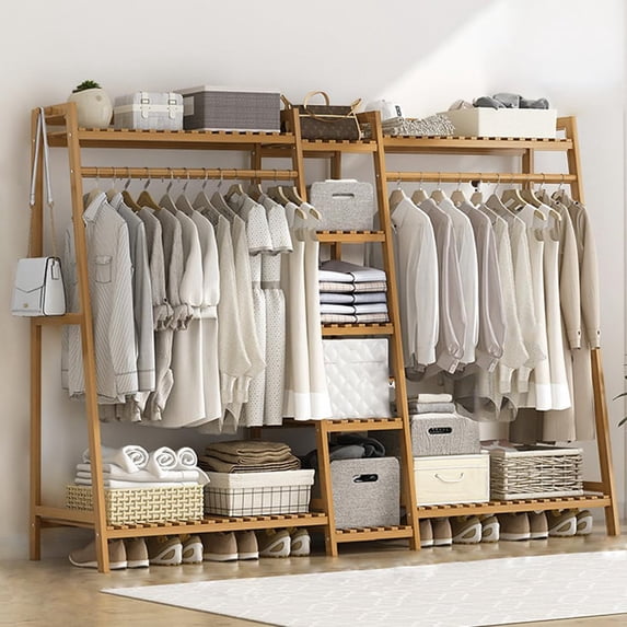 Colourtree 57.1'' H X 75'' W X 3'' D Bamboo Luxury Cloth Rack Heavy Duty Top Shelf Hanging Rod with Side Hook and Shoe Storage Shelf,Yellow