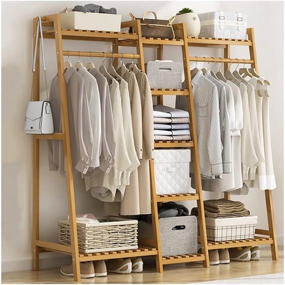 Colourtree 63" L x 15.8" W x 55.1" D D Nature Multifunctional Clothing Rack, 9 Tiers Heavy Duty Clothes Rack, Bamboo Wardrobe Closet, Space Saver