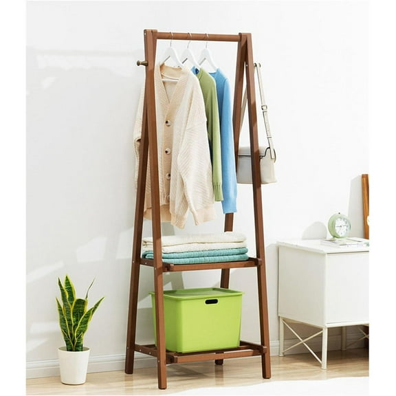 Colourtree 64.2'' H X 26'' W X 2.36'' D Clothing Garment Rack Clothes Rack Wooden with 2 Tier Shelves,Brown