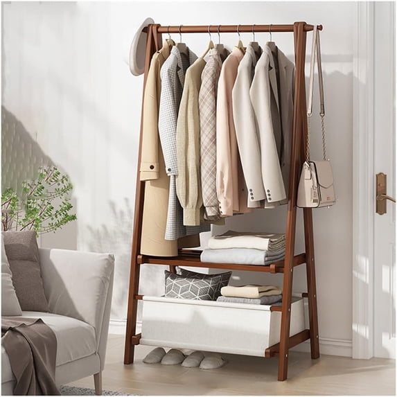 Colourtree 64.2'' H X 26'' W X 2.36'' D Clothing Garment Rack Clothes Rack Wooden with 2 Tier Shelves and Bag,Brown