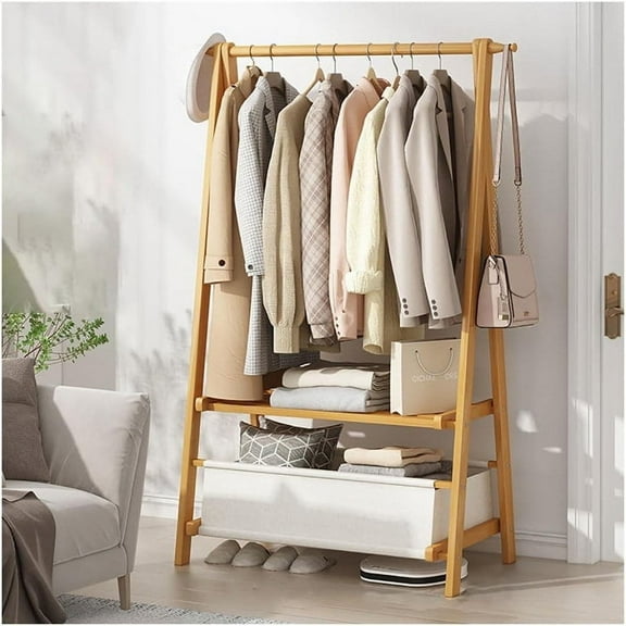 Colourtree 64.2'' H X 46'' W X 2.17'' Clothing Garment Rack Clothes Rack Wooden with 2 Tier Shelves and Bag,Brown