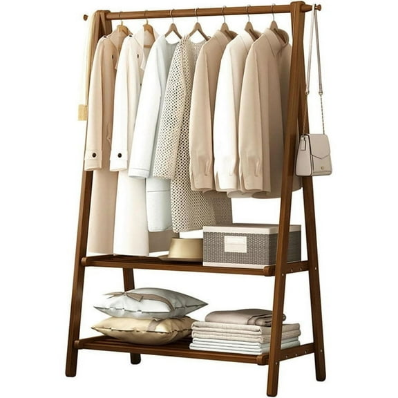 Colourtree 64.2'' H X 46'' W X 2.17'' D Clothing Garment Rack Clothes Rack Wooden with 2 Tier Shelves,Brown