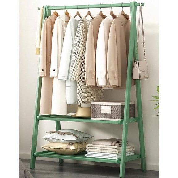 Colourtree 64.2'' H X 46'' W X 2.17'' D Clothing Garment Rack Clothes Rack Wooden with 2 Tier Shelves,Green