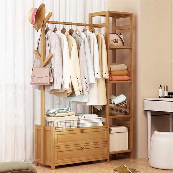 Colourtree 65'' H X 39.4'' W X 11.4'' D Bamboo Clothing Garment Rack Clothing Rack Storage Shelves Garment Hanging With Door,Yellow
