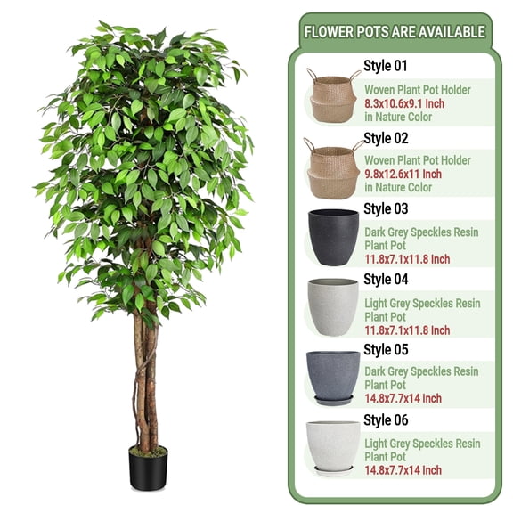 Colourtree 71" Artificial Ficus Tree with Natural Wood Trunk, Silk Fake Ficus Tree in Plastic Nursery Pot, Faux Plant for Office Home, Indoor Outdoor Decor - Pot Style 04