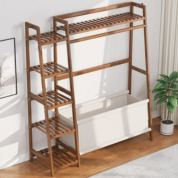 Colourtree Bamboo 51" W Garment Rack with Hanging Rod Storage Shelves and Bag,Brown