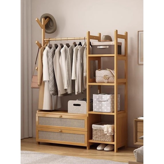Colourtree Bamboo Clothes Rack,Garment Rack with Drawers and Shelves,5 Tier Storage Shelves with 6 Hanging Hooks,Coat Rack,Wardrobe Closet for Entryway Guestroom Kids Bedroom (39.4inch Width)