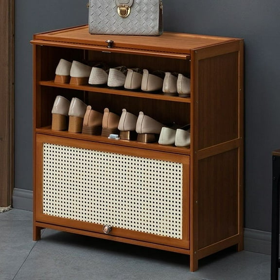 Colourtree Bamboo Shoe Cabinet Modern Entryway Shoe Storage Organizer with Rattan Doors Flip Shoe Rack Premium Storage for Hallway Bathroom Kitchen (5 Tiers, 27.5" Brown)