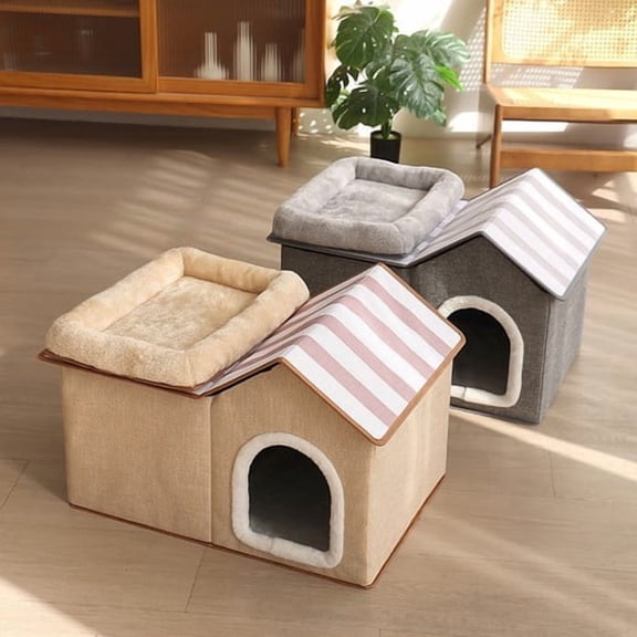 Colourtree Beige Cat House for Indoor Cats Bed 2 in 1 Pet Bed with Removable Washable Cushion, Indoor Condo for Small Cats Kitten