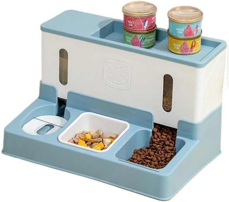 Colourtree Blue Cat Food and Water Dispenser Automatic Dog Feeder Waterer 3 in 1 Auto Pet Food and Water Bowl Set Self Feeding for Puppy Kitten