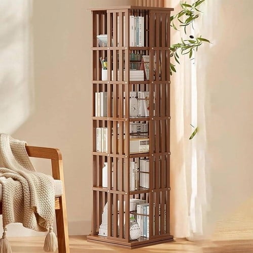 Colourtree Brown 6 Tier Rotating Bookshelf Tower, Bamboo Spinning Book Shelf, Revolving 360 Bookcase Storage Swivel Round Carousel, Vertical Rotate Turning Spiral Corner Organizer