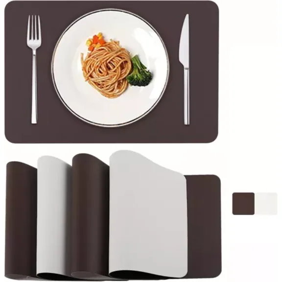 Colourtree Coffee & White Placemats and Coasters, Placemats Set of 4 Faux Leather Placemats and Coasters Dual Sided Table Mats Stain Resistant Placemats for Dining Table