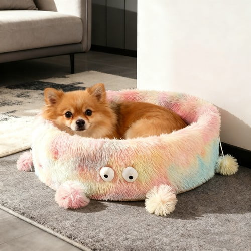Colourtree Cute Colorful Plush Cat Bed - Monster Design Fluffy Pet Bed with Pom Poms, Soft Warm Comfortable Nest for Indoor Cats, Ideal for Napping & Lounging