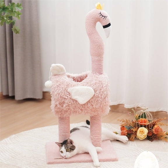 Colourtree Cute Flamingo Cat Scratching Post for Indoor Cats, Soft Plush Fabric & Natural sisal Climbing Cat Tower with Dangling Bell Ball – Interactive Cat Toy for Kittens and Small Cats