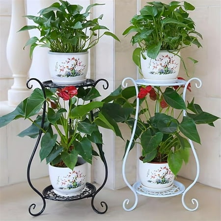 Colourtree Double-Layer Metal Plant Stand, Black Floor Standing Flower Display Rack