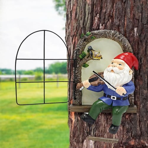 Colourtree Elf Out The Door Tree Hugger with Ladder, Funny Musical Gnome Garden Sculpture, Whimsical Fairy Tree Face/Stump Decor, Resin Outdoor Statue, Luminous Elf Peeker Yard Art