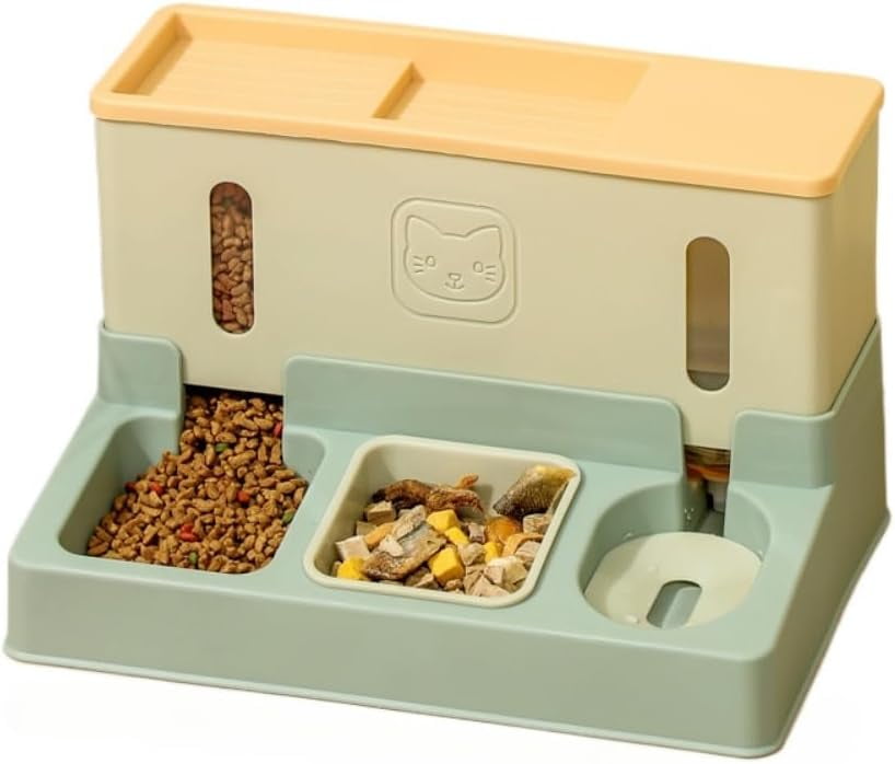 Colourtree Grass Green Cat Food and Water Dispenser Automatic Dog Feeder Waterer 3 in 1 Auto Pet Food and Water Bowl Set Self Feeding for Puppy Kitten