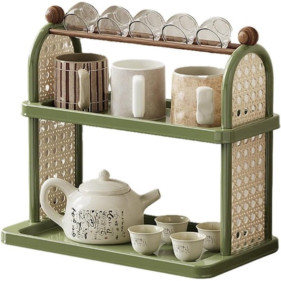 Colourtree Green 2-Tier Rattan Organizer Vintage Coffee Mug Cup Holder for Countertop Kitchen Bedroom and Living Room, Saucer Bottle Storage Kitchen Accessories 