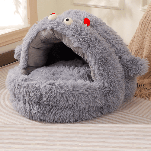 Colourtree Grey Winter Warm Plush Cat Bed, Enclosed Hooded Pet House with Cute Monster Design, Anti-Collapse Support for Indoor Cats & Small Pets