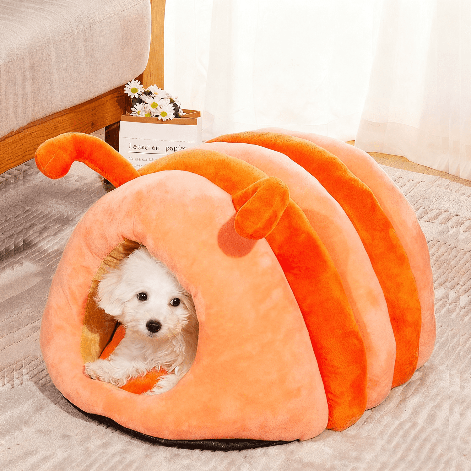Colourtree Large Orange Cute House Pet Nest Warm Soft Plush Cat Bed Cartoon Caterpillar Warm Thick Dog House Cat House Foldable Washable Pet Supplies Cat Tent