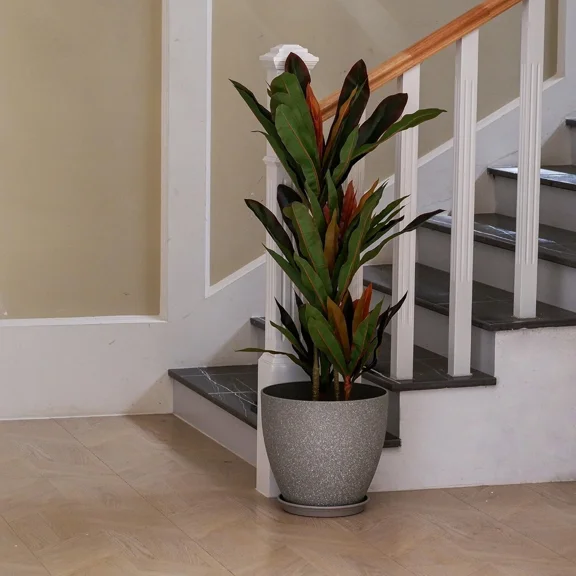 Colourtree Light Grey Simulated Stone Flower Pot , Plastic Planters with Drainage Holes and Saucers for Indoor Outdoor Plants Flowers, 14.8”(Upper D)x 7.7”(Bottom D) x 14”(H)