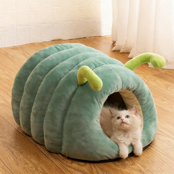 Colourtree Medium Grass Green Cute House Pet Nest Warm Soft Plush Cat Bed Cartoon Caterpillar Warm Thick Dog House Cat House Foldable Washable Pet Supplies Cat Tent