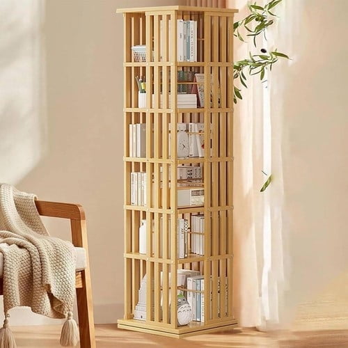 Colourtree Natural 6 Tier Rotating Bookshelf Tower, Bamboo Spinning Book Shelf, Revolving 360 Bookcase Storage Swivel Round Carousel, Vertical Rotate Turning Spiral Corner Organizer