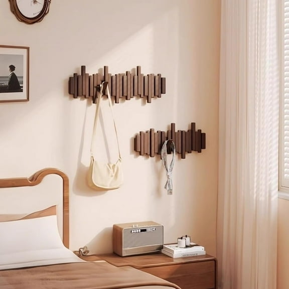 Colourtree Natural Wooden Piano Coat Rack Wall Mount, Modern Wall Art Flip Down Magnetic Hooks Wall Hook Hat Hanger