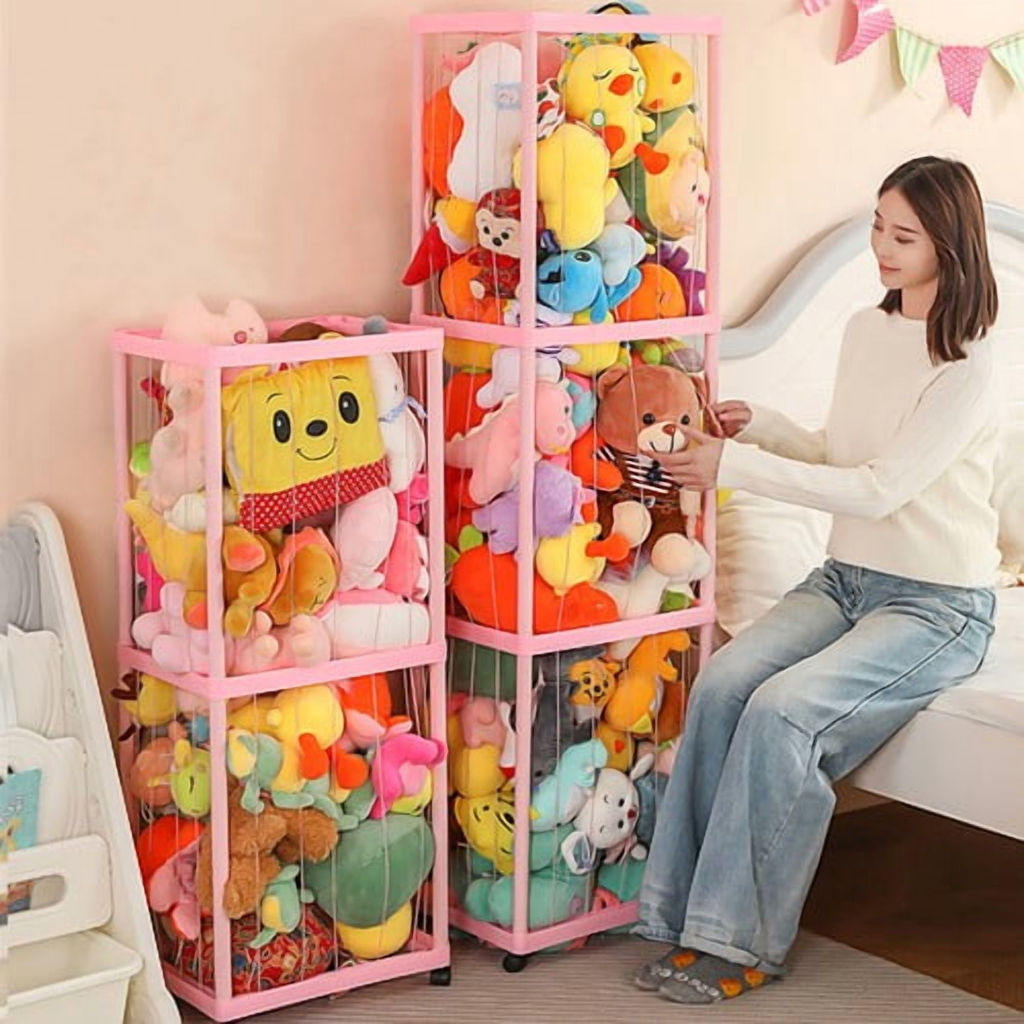 Colourtree Pink Hanging Stuffed Animal Storage Net, Zoo-Themed Toy Organizer Holder with Elastic Band, Saves Space in Playroom, Bedroom, Nursery (3 Tier)