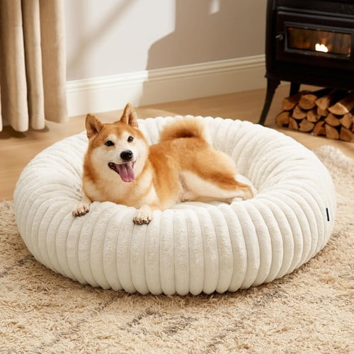 Colourtree White Warming Faux Rabbit Fur Pet Beds – Luxurious Donut Dog & Cat Bed, Anti-Anxiety Calming Cuddler Bed, Washable, Non-Slip Bottom