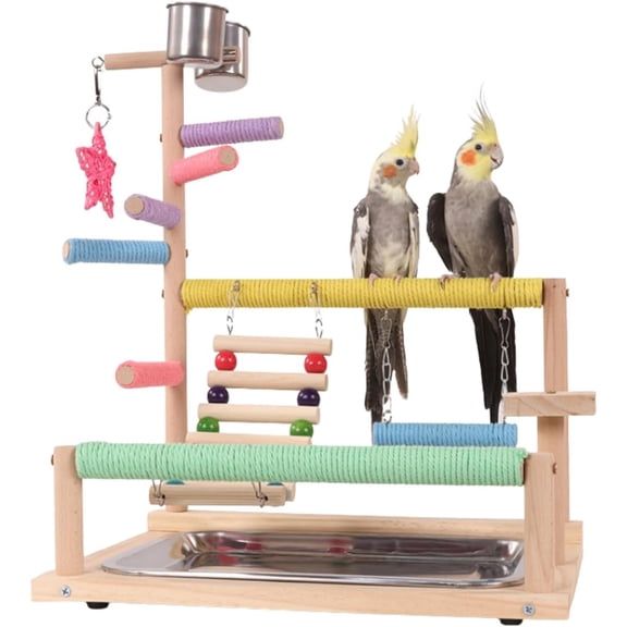 Colourtree Wooden Bird Playground, Perch Stand Parrot Playstand with Ladder Colorful Perches Chewing Toys, Exercise Play Gym with Feeding Cups