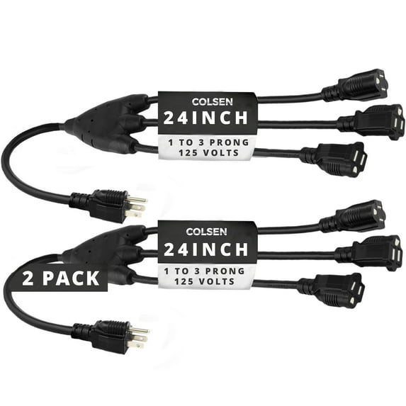 Colsen Light Extension Cord Splitter 1 to 3, 24 inch, 14AWG, 3 Prong, Outdoor Power, Black(2 Pack)