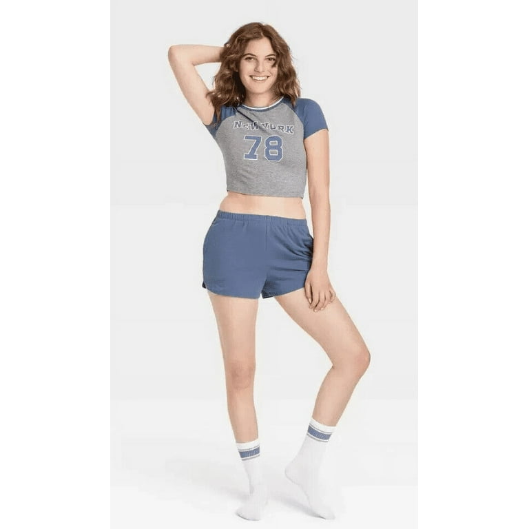 Colsie Women's Three Pc Set Crop Top & Shorts Pajama Set w/ Socks Nlue