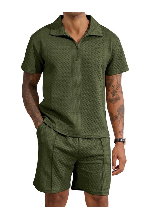 Men's 2-Piece Summer Outfit Set - Textured Quarter-Zip Polo Shirt & Drawstring Shorts, Casual Loungewear Tracksuit