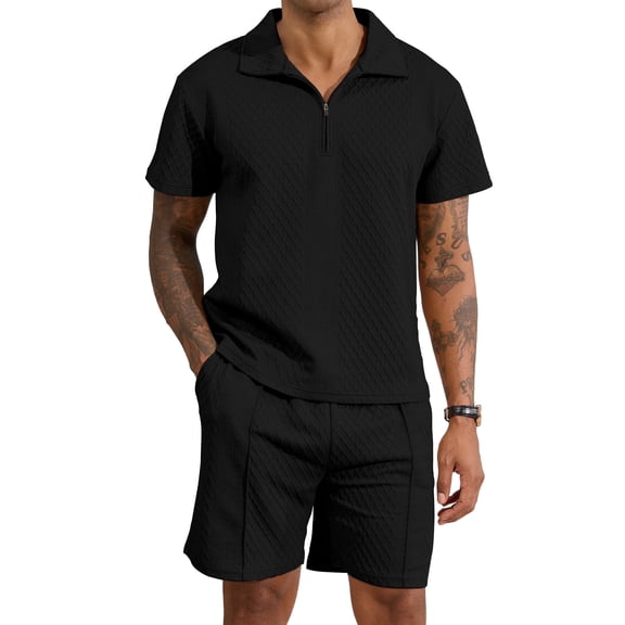 Colsmile Men's 2-Piece Summer Outfit Set - Textured Quarter-Zip Polo Shirt & Drawstring Shorts, Casual Vacation Summer Set