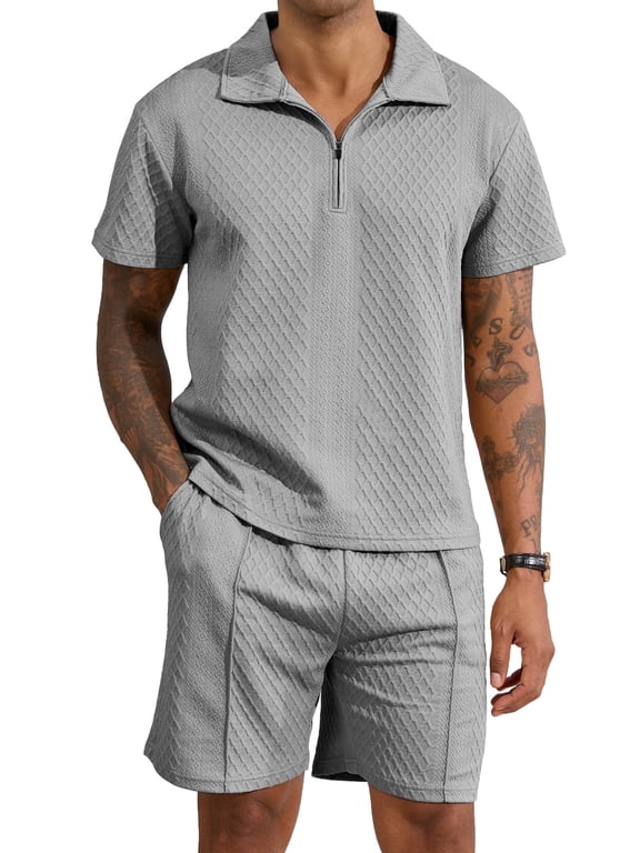Men's 2-Piece Summer Outfit Set - Textured Quarter-Zip Polo Shirt & Drawstring Shorts, Casual Vacation Summer Set