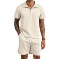 thumbnail image 1 of Colsmile Men's 2-Piece Summer Outfit Set - Textured Quarter-Zip Polo Shirt & Drawstring Shorts, Casual Vacation Summer Set, 1 of 9
